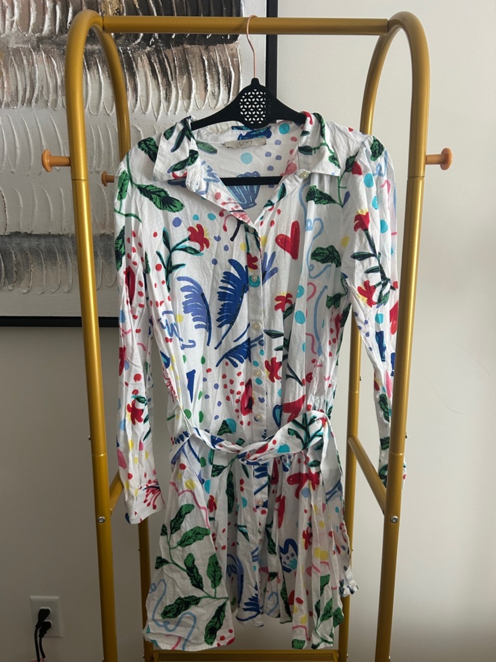 LOFT White Long-Sleeve Floral Shirt Dress with Belt